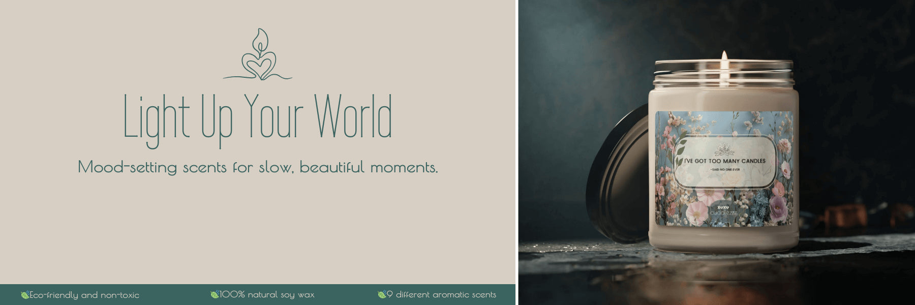 "Light Up Your World" candle banner featuring a decorative candle in a glass jar with floral label, beige background, and cozy mood-setting scent tagline.