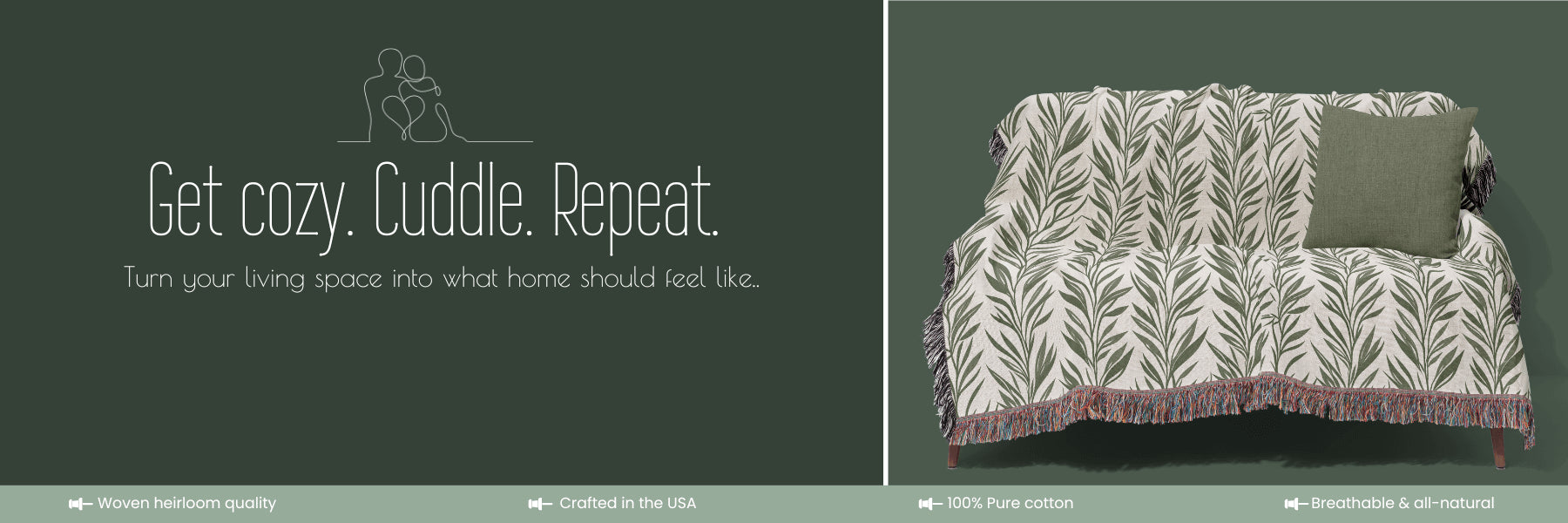 Cozy living room banner: 'Get cozy. Cuddle. Repeat.' on a green background, with a patterned woven blanket and pillow on a sofa.