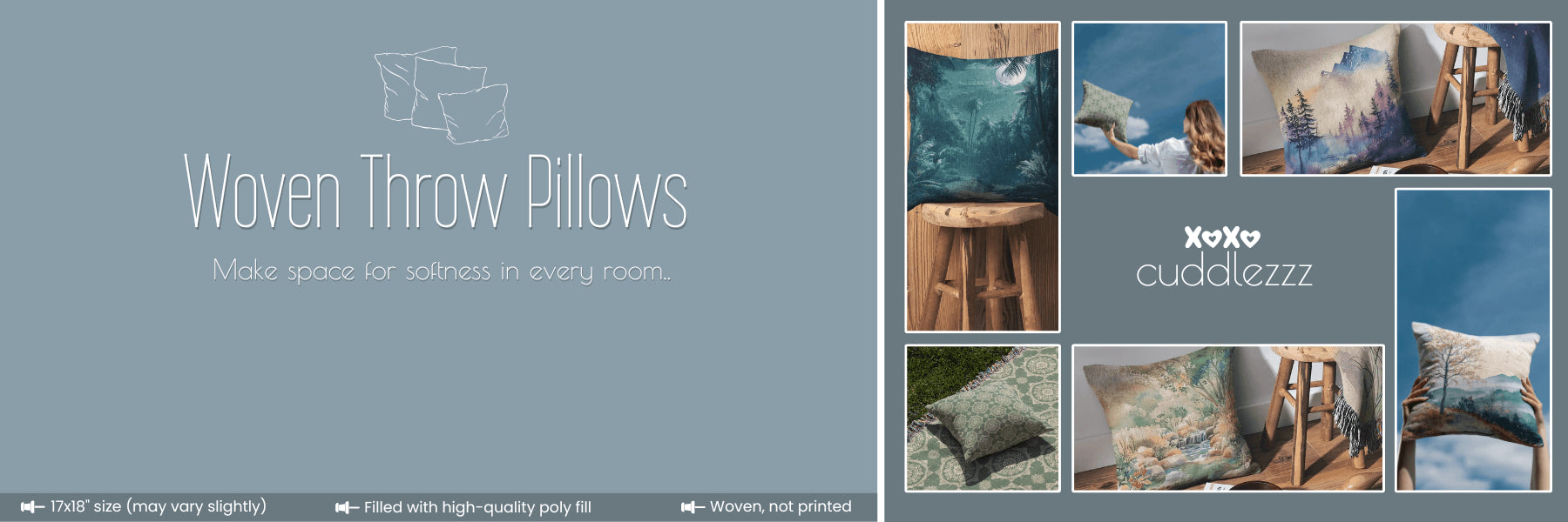 Woven Throw Pillows banner with Cuddlezzz branding and photos of decorative pillows on stools, in nature, and styled indoors.