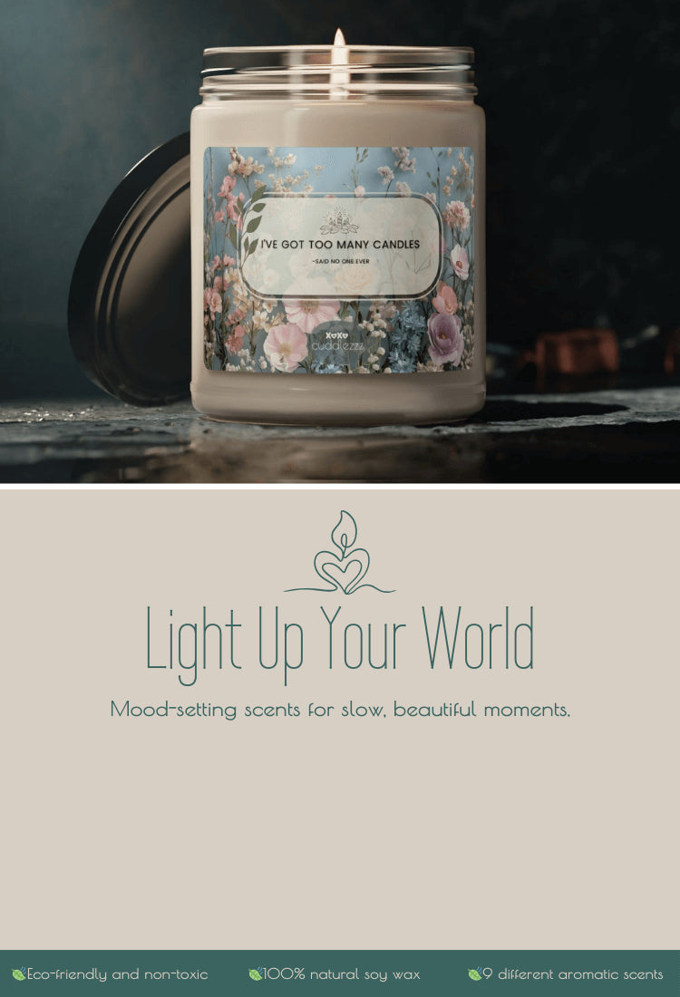 Decorative candle with a floral label on a moody dark background, above a beige banner that reads 'Light Up Your World – Mood-setting scents for slow, beautiful moments'.