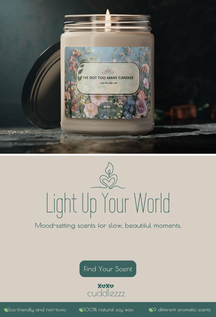 Mobile view of CUDDLEZZZ scented candle with floral label – eco-friendly, 100% soy wax, mood-setting fragrance for cozy and romantic moments.