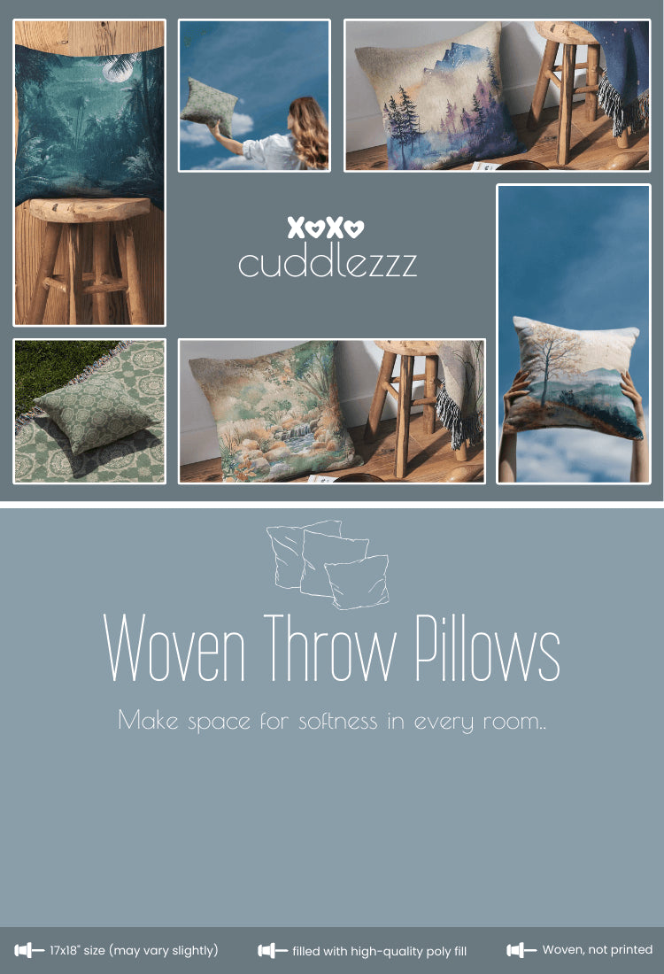 Collage of woven throw pillows with nature-inspired designs, styled on chairs and outdoors, above a banner that reads 'Woven Throw Pillows – Make space for softness in every room' with Cuddlezzz branding on a soft blue-gray background.
